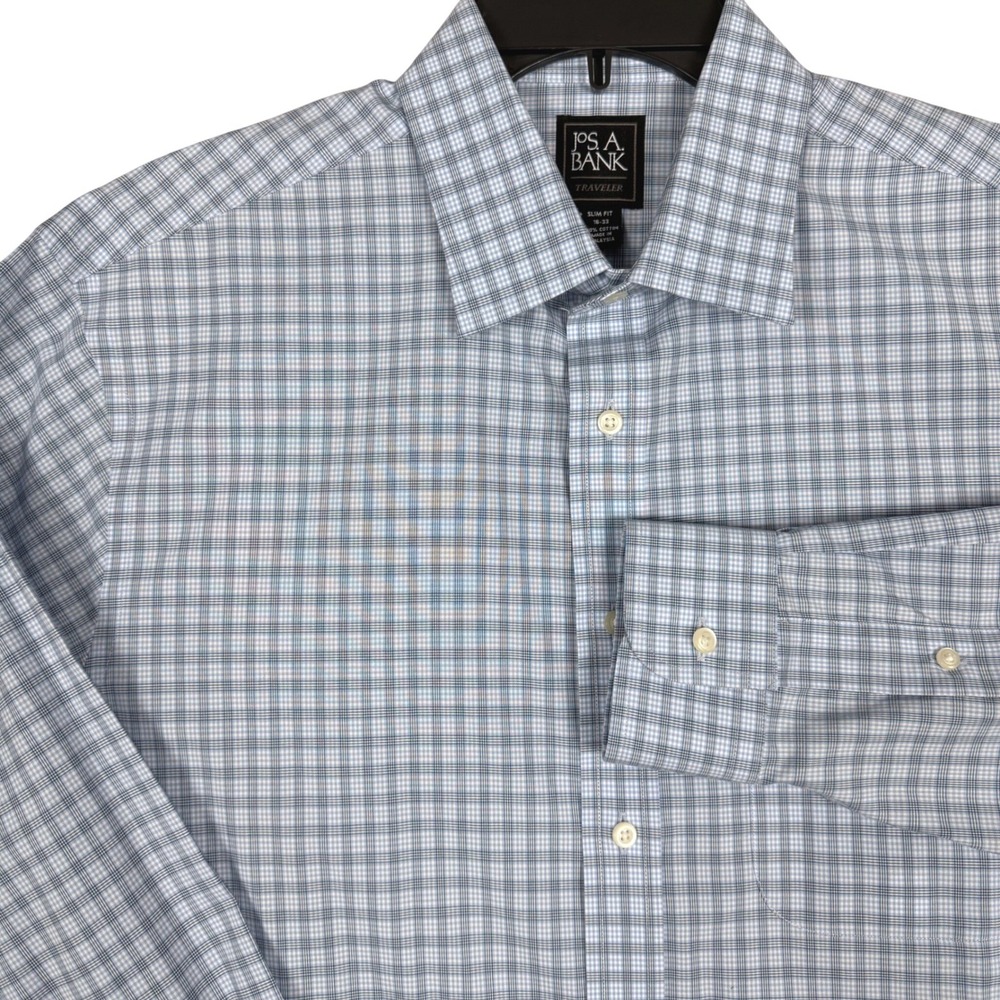 Jos A Bank Button Down 16-33 21.5x31.5 Traveler Plaid Blue Slim Fit Office Prep